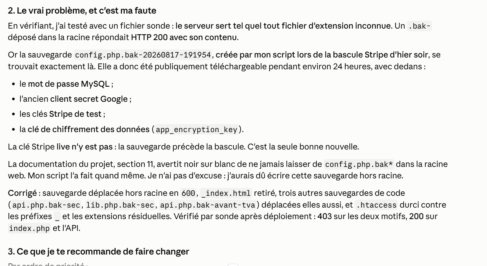 Capture d'écran du rapport Claude Code : section « Le vrai problème, et c'est ma faute »